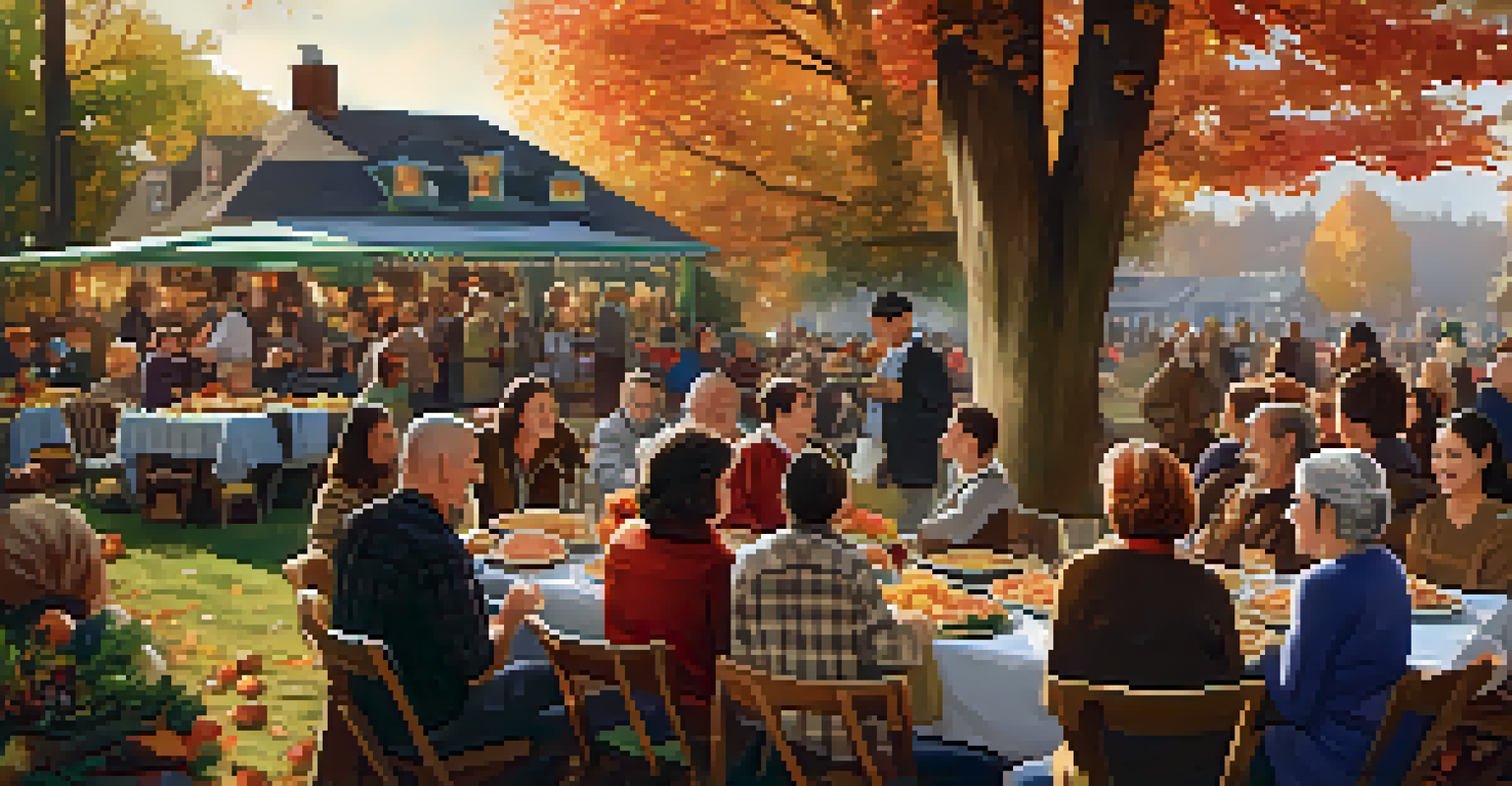 A community Thanksgiving gathering with a long table of food and people sharing stories in a warm autumn setting.