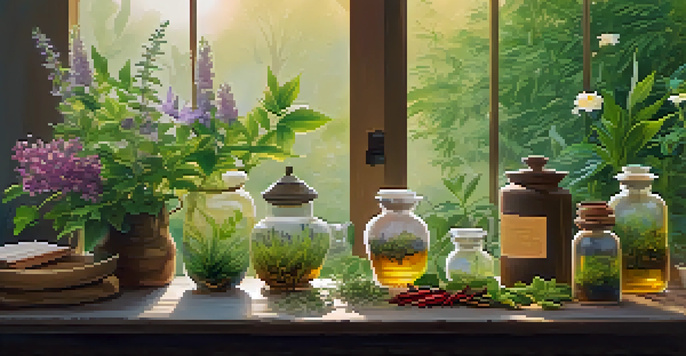 A peaceful herbal garden filled with various colorful herbs and plants at dawn, with jars of herbal remedies and a cup of tea on a table.