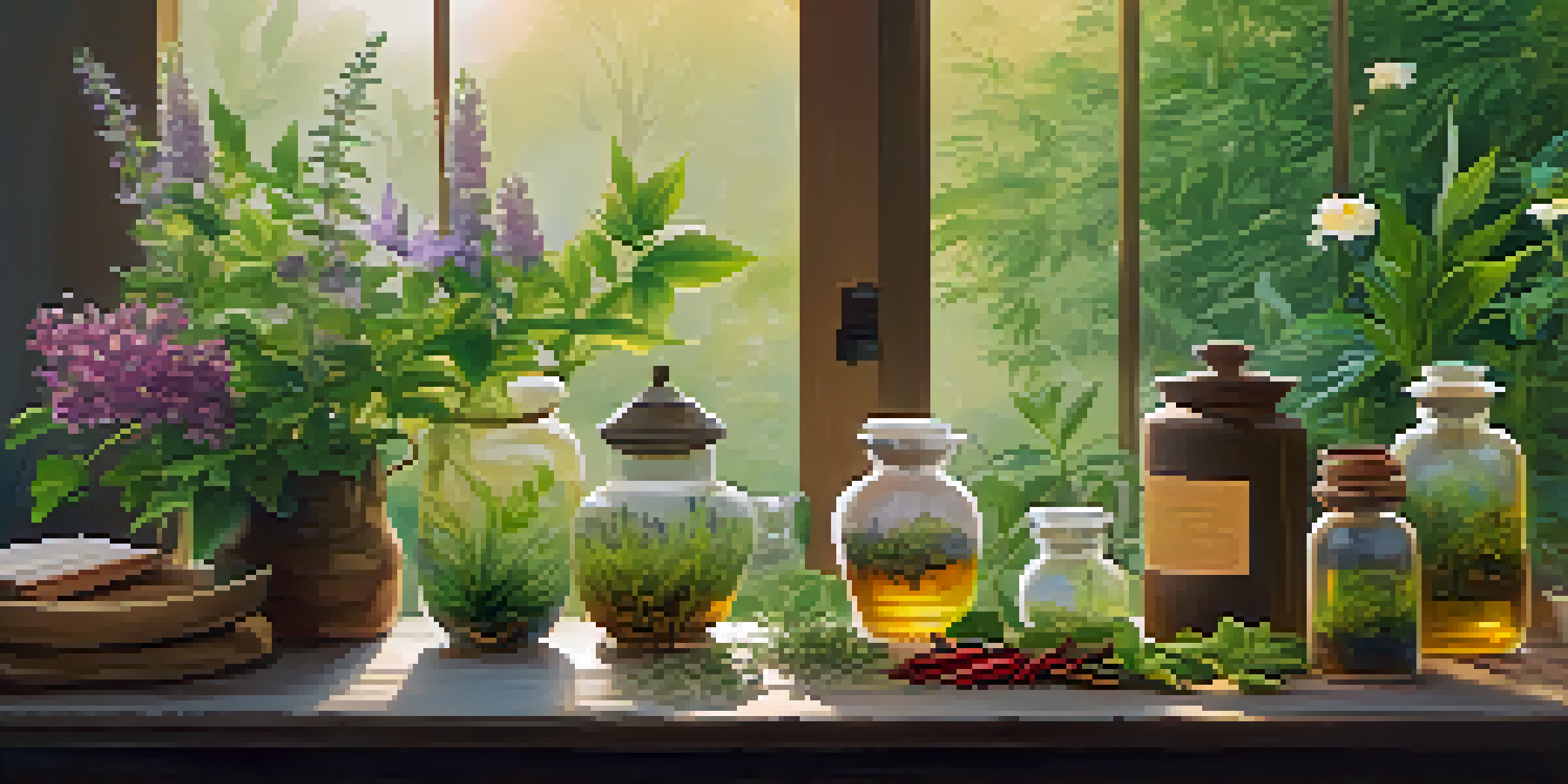 A peaceful herbal garden filled with various colorful herbs and plants at dawn, with jars of herbal remedies and a cup of tea on a table.