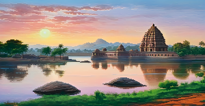 A panoramic view of Hampi at sunrise with ancient ruins and the Virupaksha Temple, surrounded by greenery and hills.