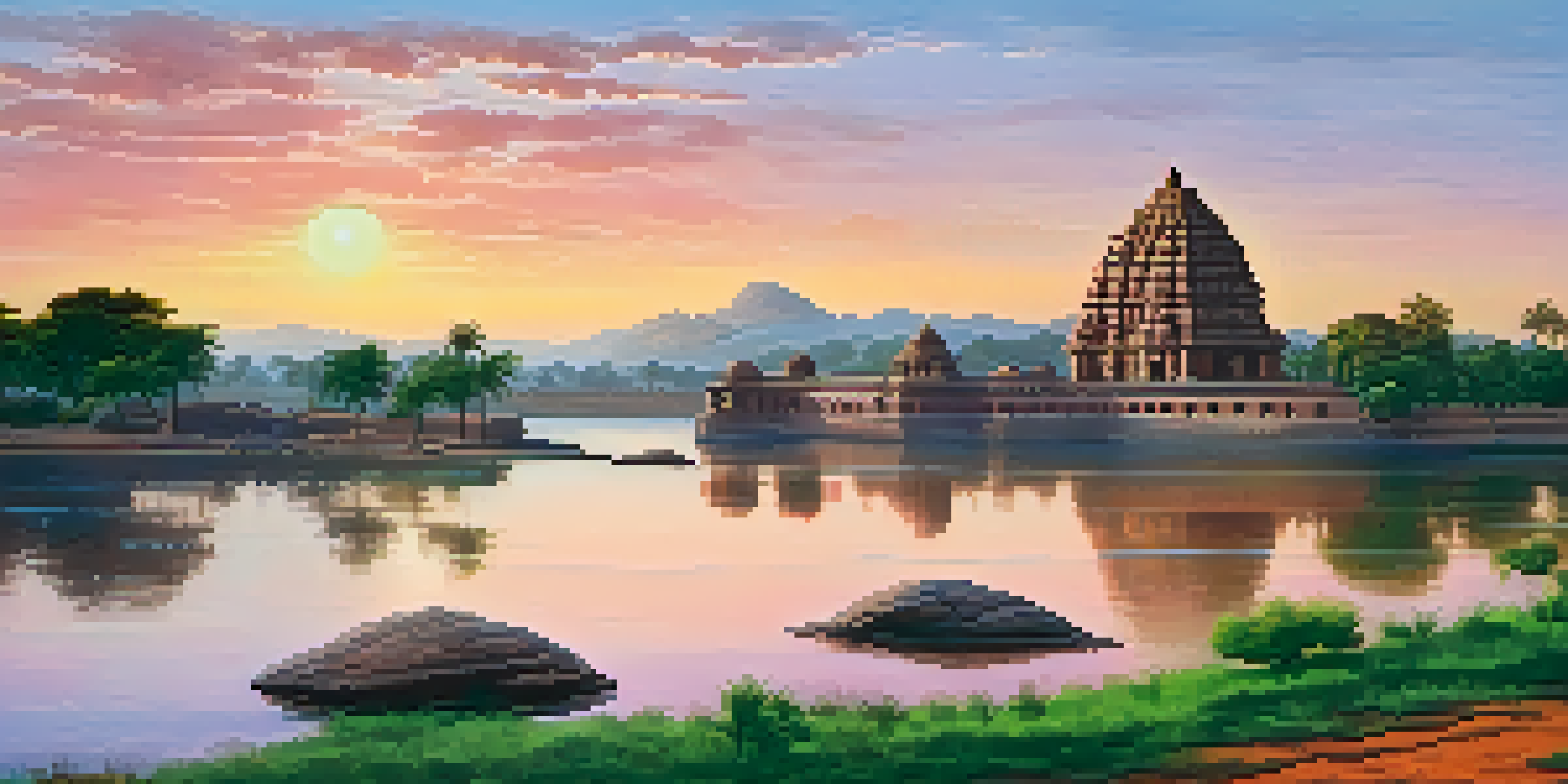 A panoramic view of Hampi at sunrise with ancient ruins and the Virupaksha Temple, surrounded by greenery and hills.