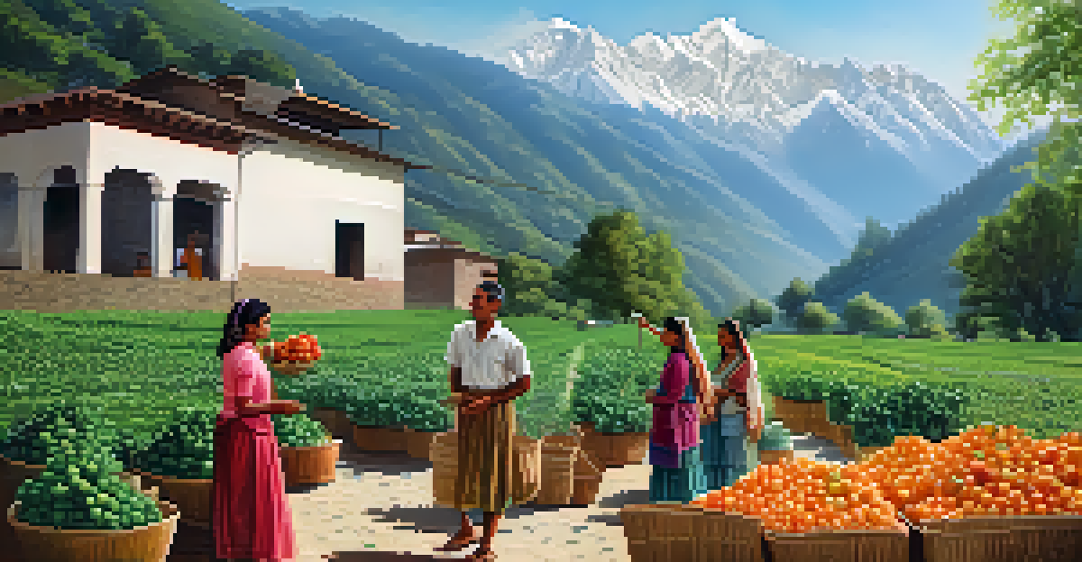 Tourists participating in an organic fruit picking workshop in Uttarakhand, surrounded by the Himalayas and lush greenery.