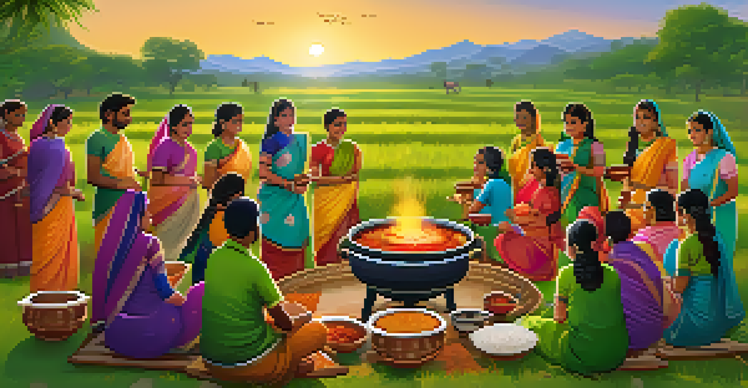 A traditional Pongal celebration with families around a pot of Pongal, fresh ingredients, and green fields in the background.