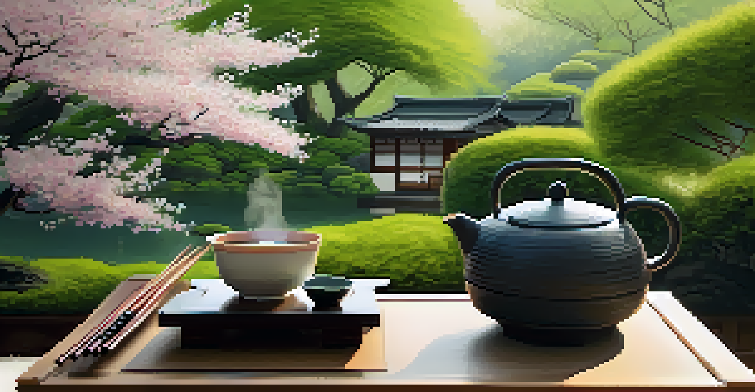 A traditional Japanese tea ceremony with cherry blossoms in a peaceful garden.