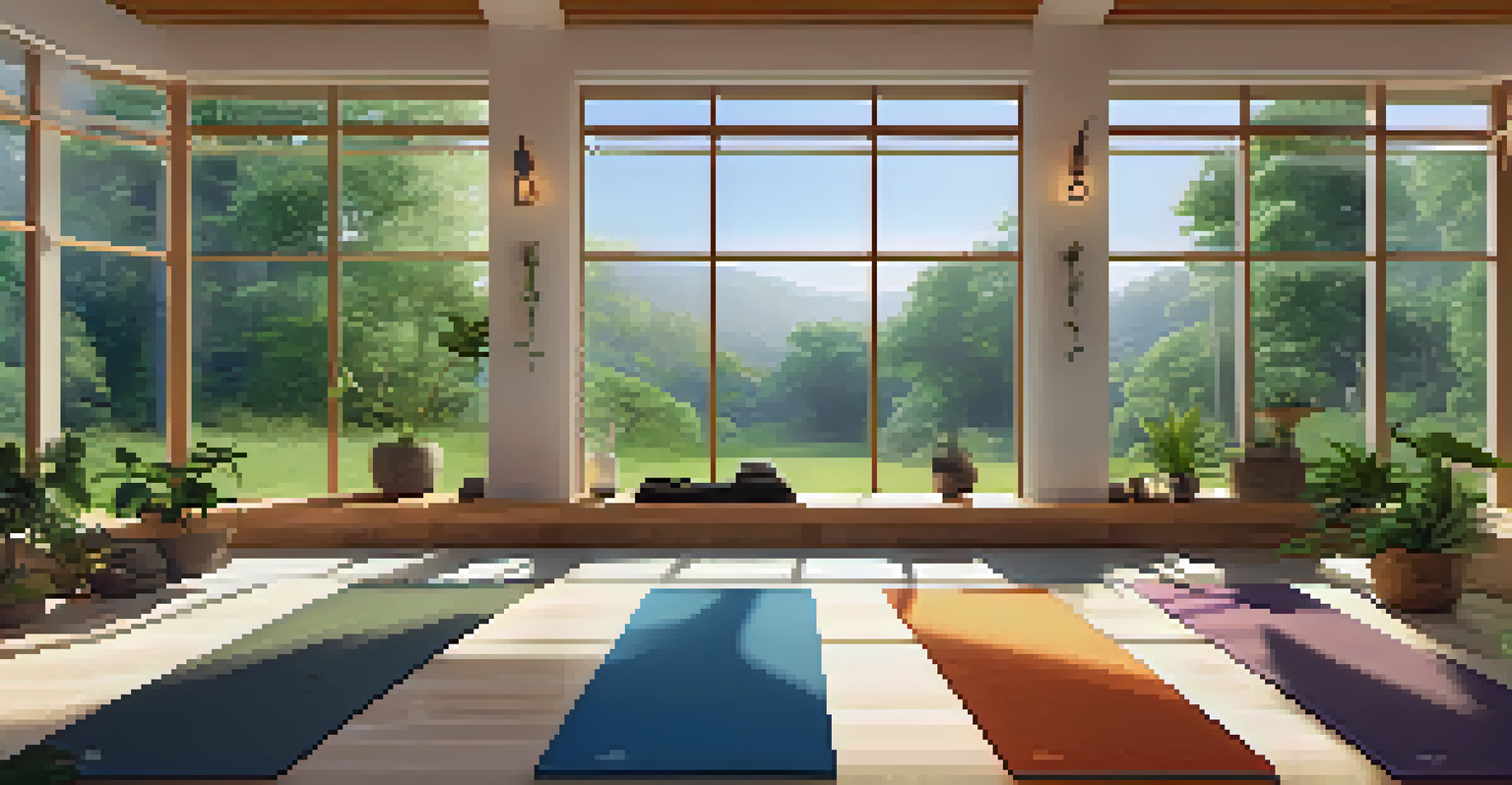 A yoga studio surrounded by greenery, with natural light streaming in, yoga mats arranged in a circle, and plants enhancing the serene atmosphere.