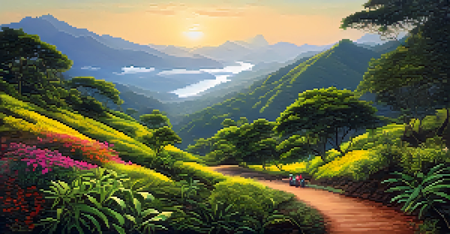 A scenic view of the Western Ghats with a trail through dense forests, featuring tourists with local guides and vibrant flowers in the morning light.
