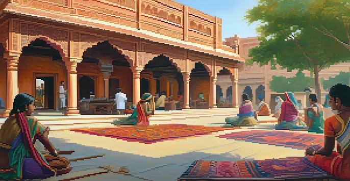 A heritage center featuring traditional Indian architecture, with artisans crafting textiles and visitors participating in workshops under warm sunlight.