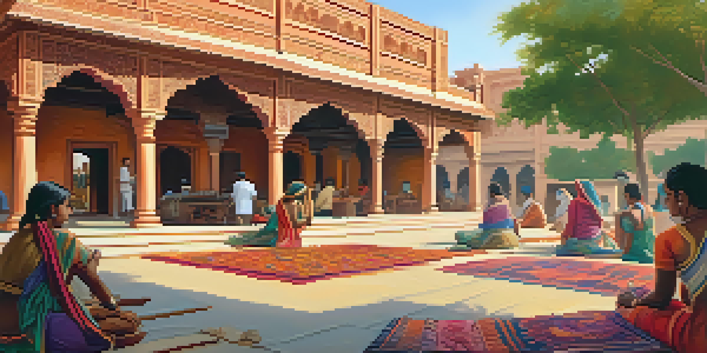 A heritage center featuring traditional Indian architecture, with artisans crafting textiles and visitors participating in workshops under warm sunlight.