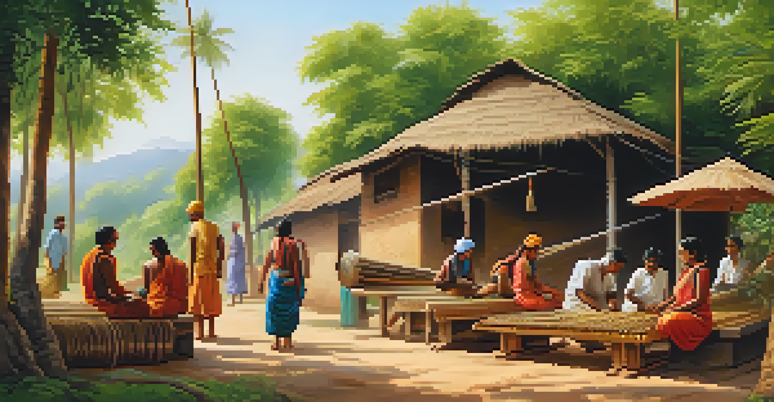 A traditional Indian village scene showing artisans collaboratively weaving on handlooms, surrounded by nature.