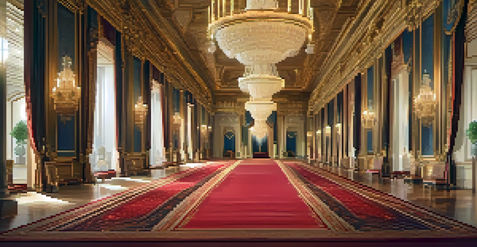 A luxurious grand ballroom in a royal palace with chandeliers and red carpet.