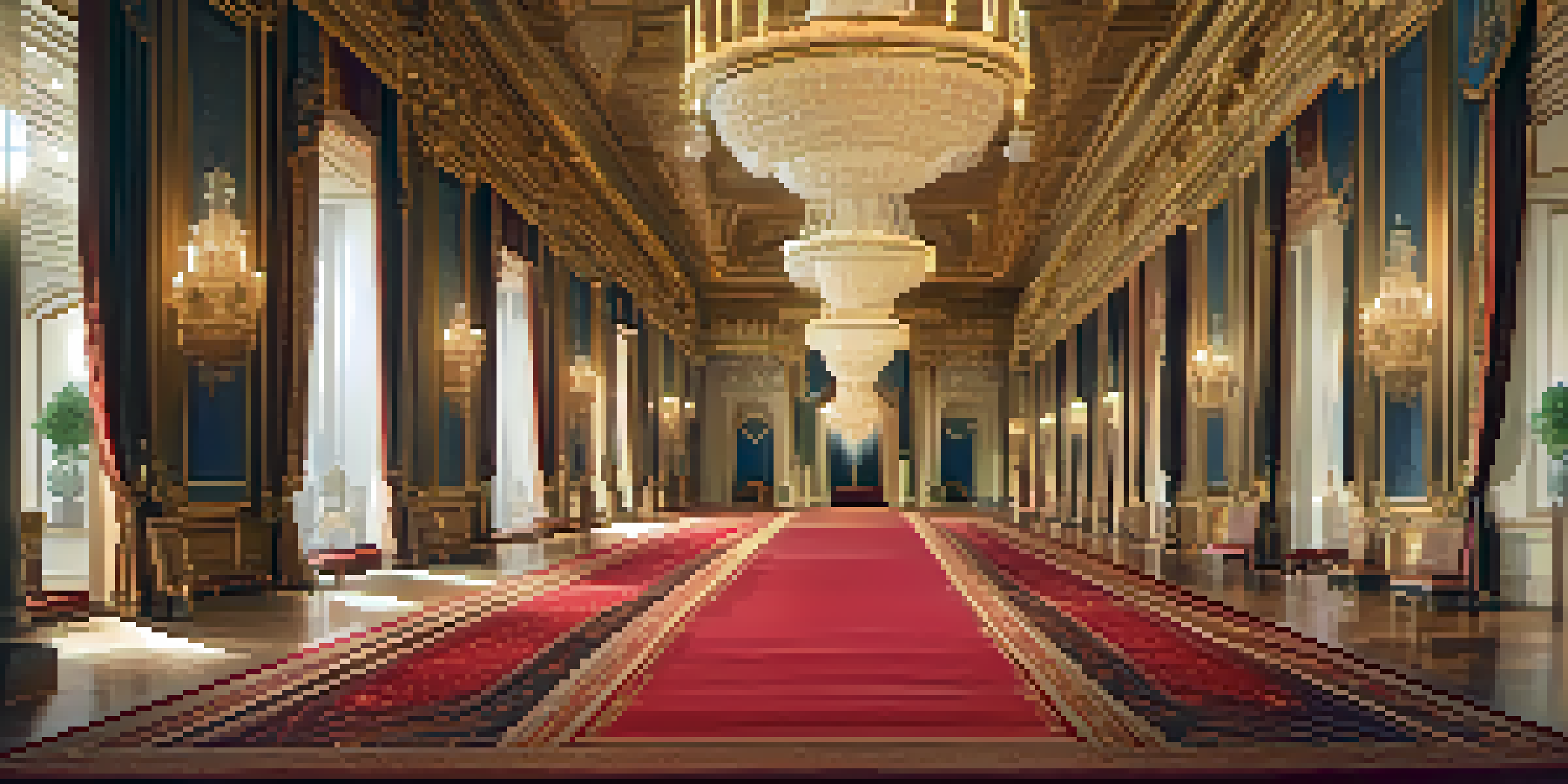 A luxurious grand ballroom in a royal palace with chandeliers and red carpet.
