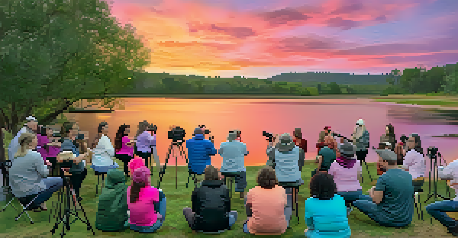 A photography workshop at sunset with a professional instructor guiding participants in an outdoor setting.