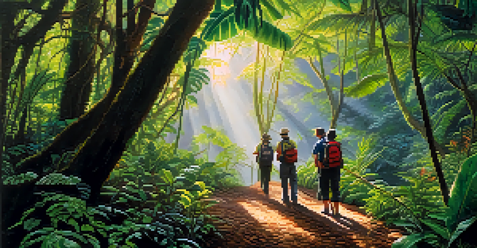 Travelers on a guided nature walk in a lush Costa Rican rainforest, with sunlight filtering through the trees and a local guide pointing out exotic plants.