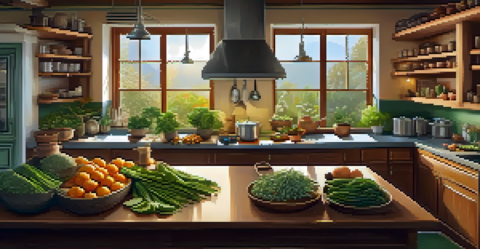 A cozy kitchen where a chef is preparing fresh Ayurvedic meals with spices and seasonal produce.