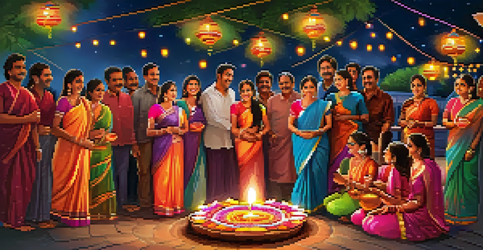 A lively Diwali celebration with families, diyas, colorful lights, and fireworks in the night sky.