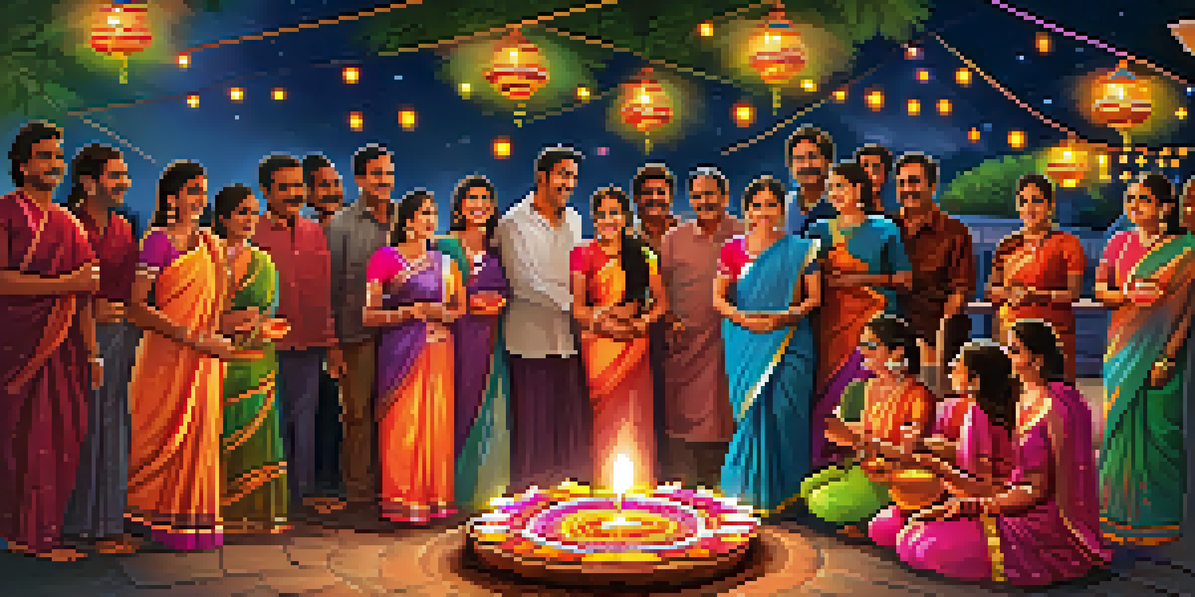 A lively Diwali celebration with families, diyas, colorful lights, and fireworks in the night sky.