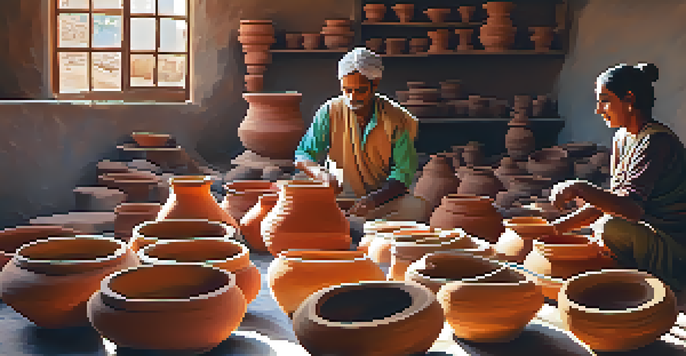 A pottery workshop in Rajasthan with artisans shaping clay on wheels, surrounded by colorful pots in warm sunlight.