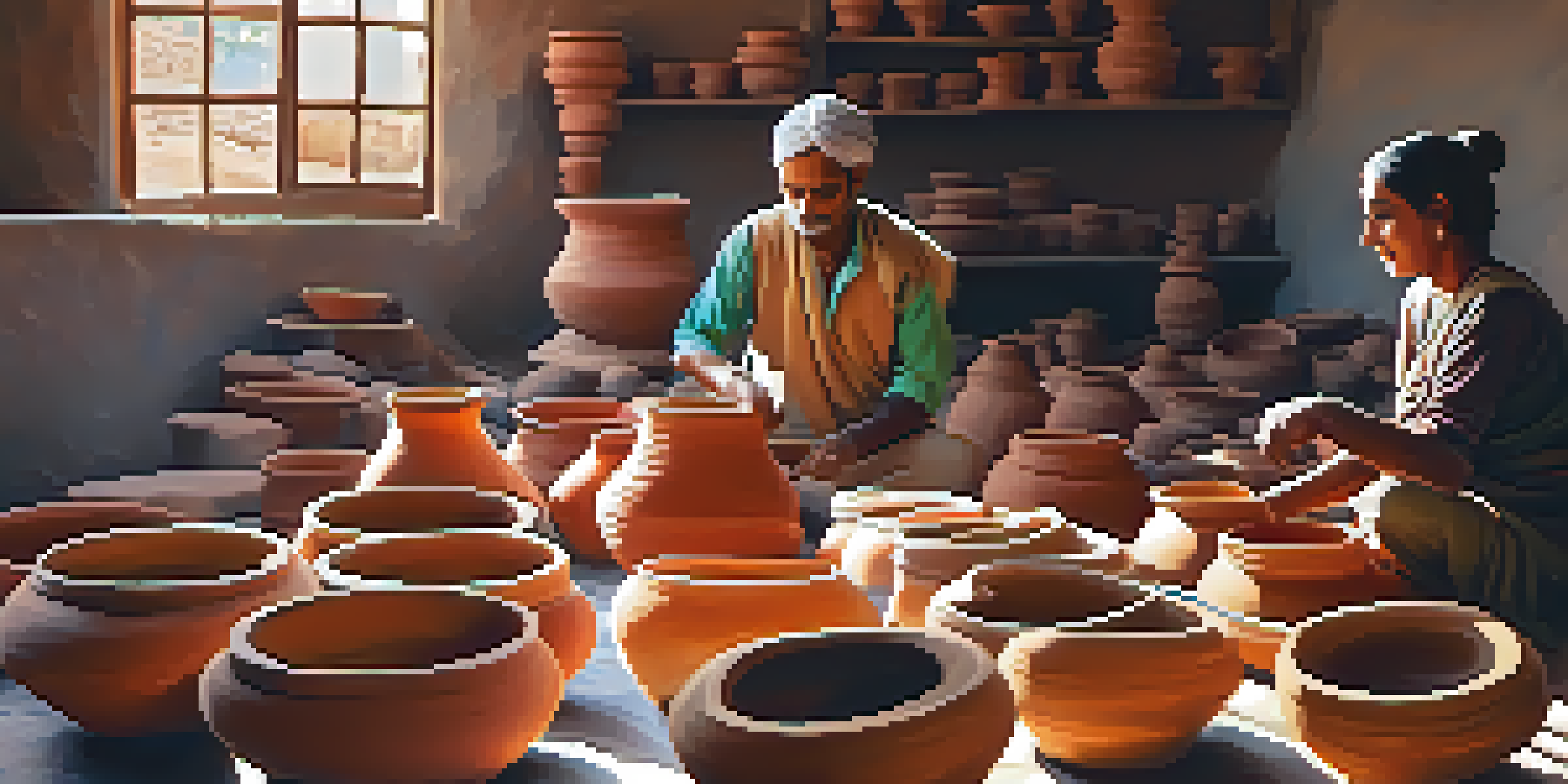 A pottery workshop in Rajasthan with artisans shaping clay on wheels, surrounded by colorful pots in warm sunlight.