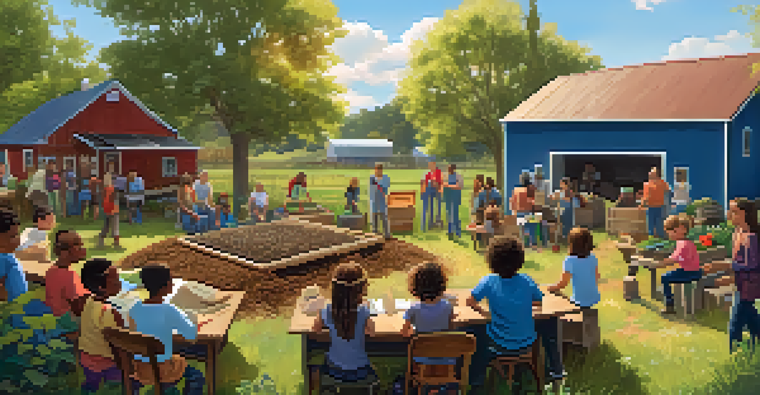 A diverse group of participants learning about composting in a rustic farm setting, surrounded by plants and trees under a blue sky.
