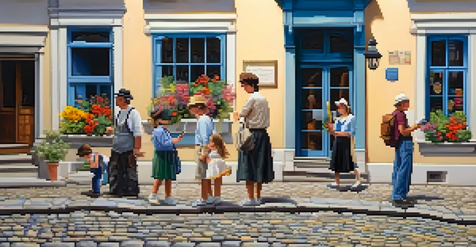 Tourists walking along a cobblestone street with old buildings, flowers in window boxes, and a clear sky.