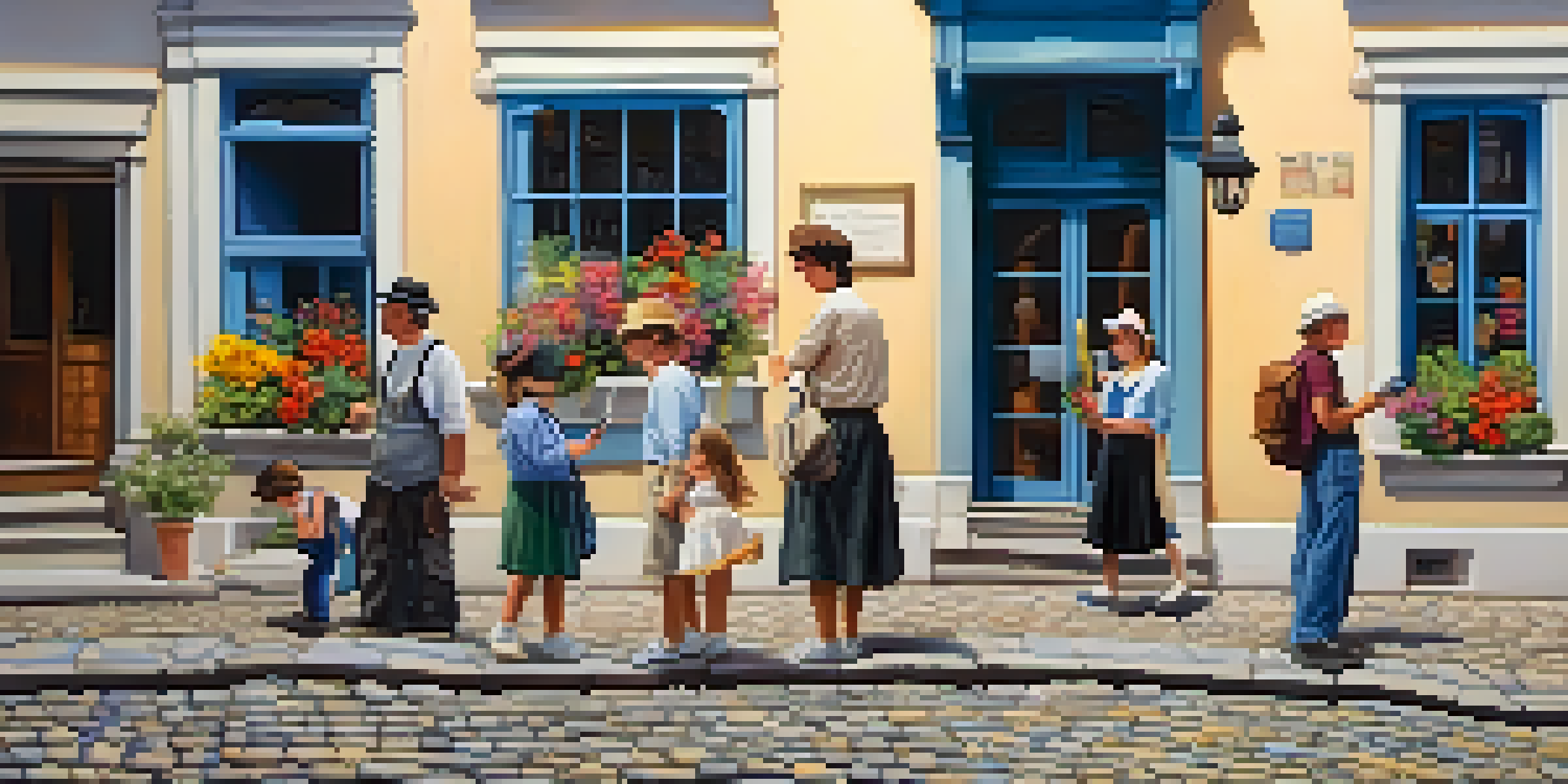 Tourists walking along a cobblestone street with old buildings, flowers in window boxes, and a clear sky.