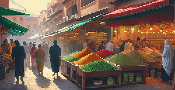 A colorful spice market in Marrakech with stalls full of spices and bustling vendors.