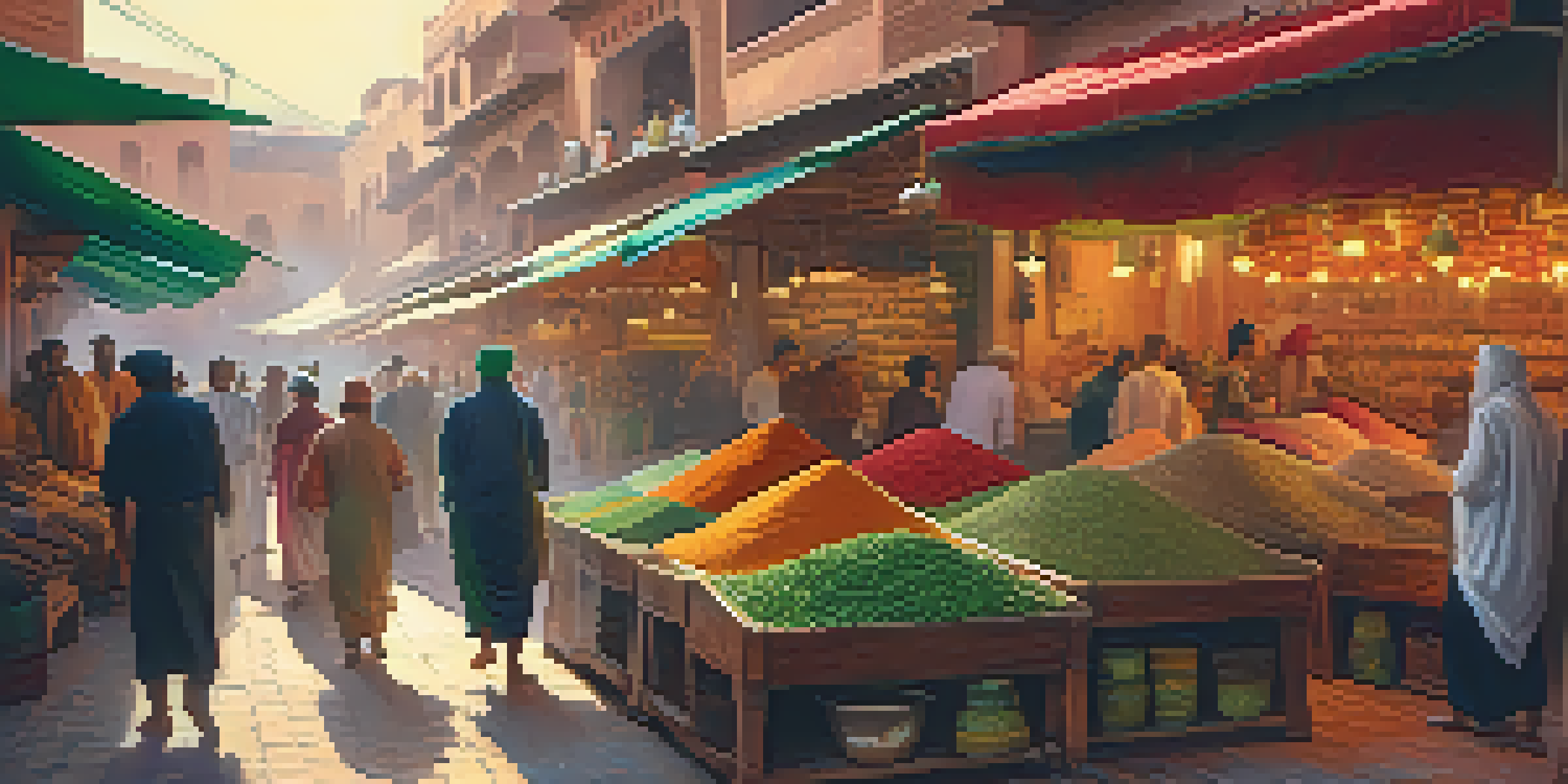 A colorful spice market in Marrakech with stalls full of spices and bustling vendors.