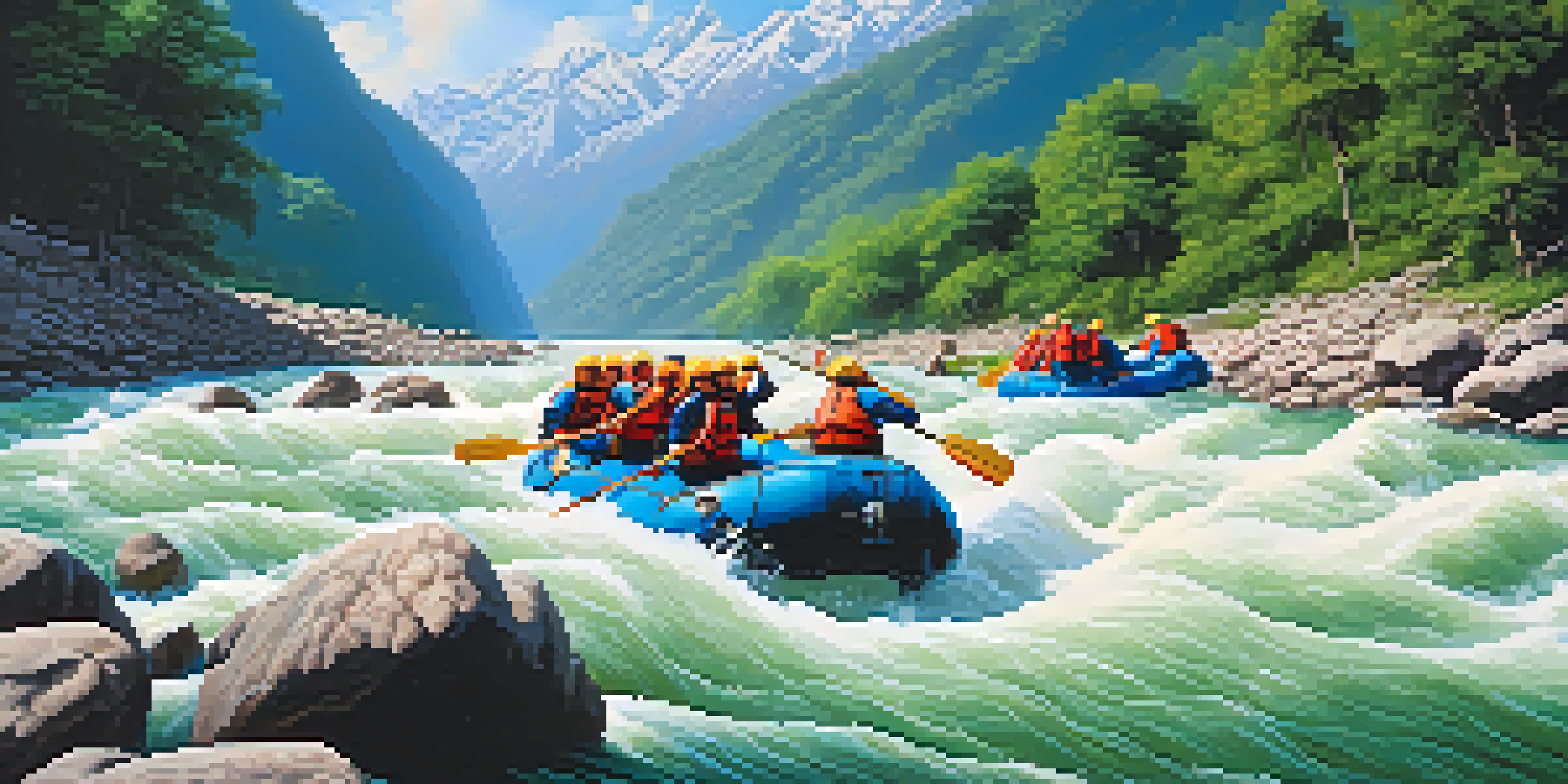 A group of rafters navigating turbulent rapids in the Ganges River, with lush mountains in the background and bright sunlight glimmering on the water.
