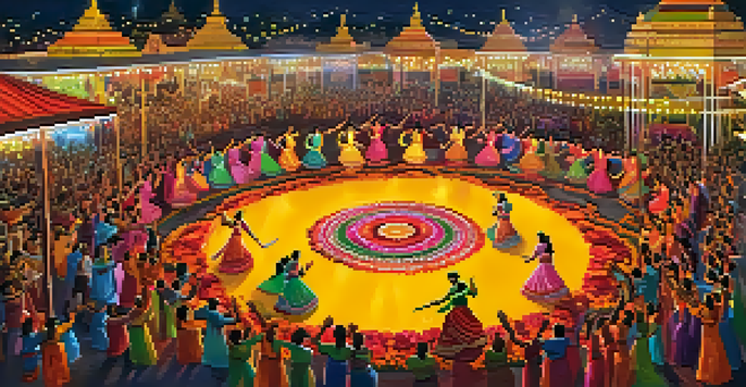 A lively Navratri celebration with people dancing in traditional clothing surrounded by colorful lights and decorations.