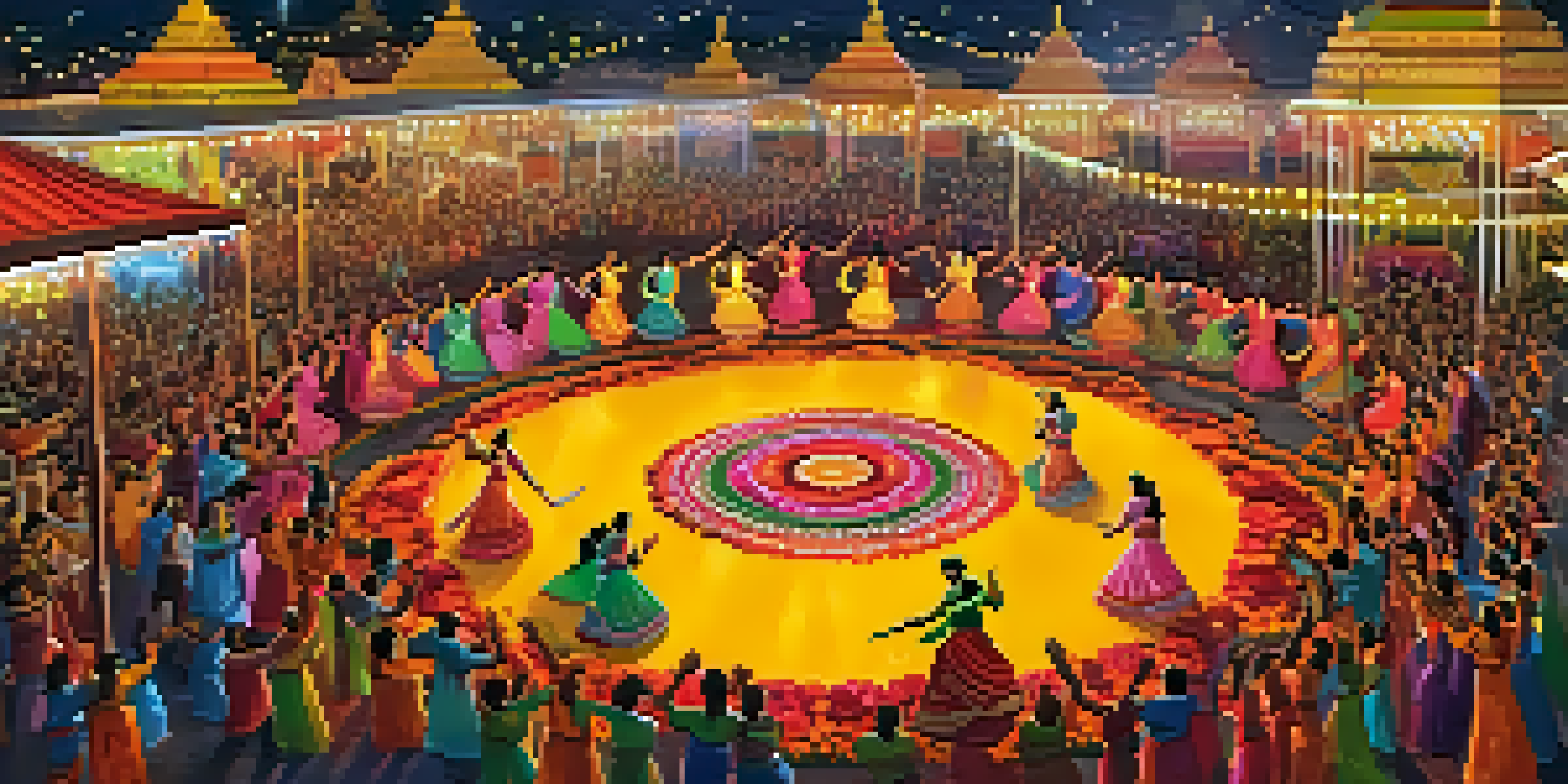 A lively Navratri celebration with people dancing in traditional clothing surrounded by colorful lights and decorations.