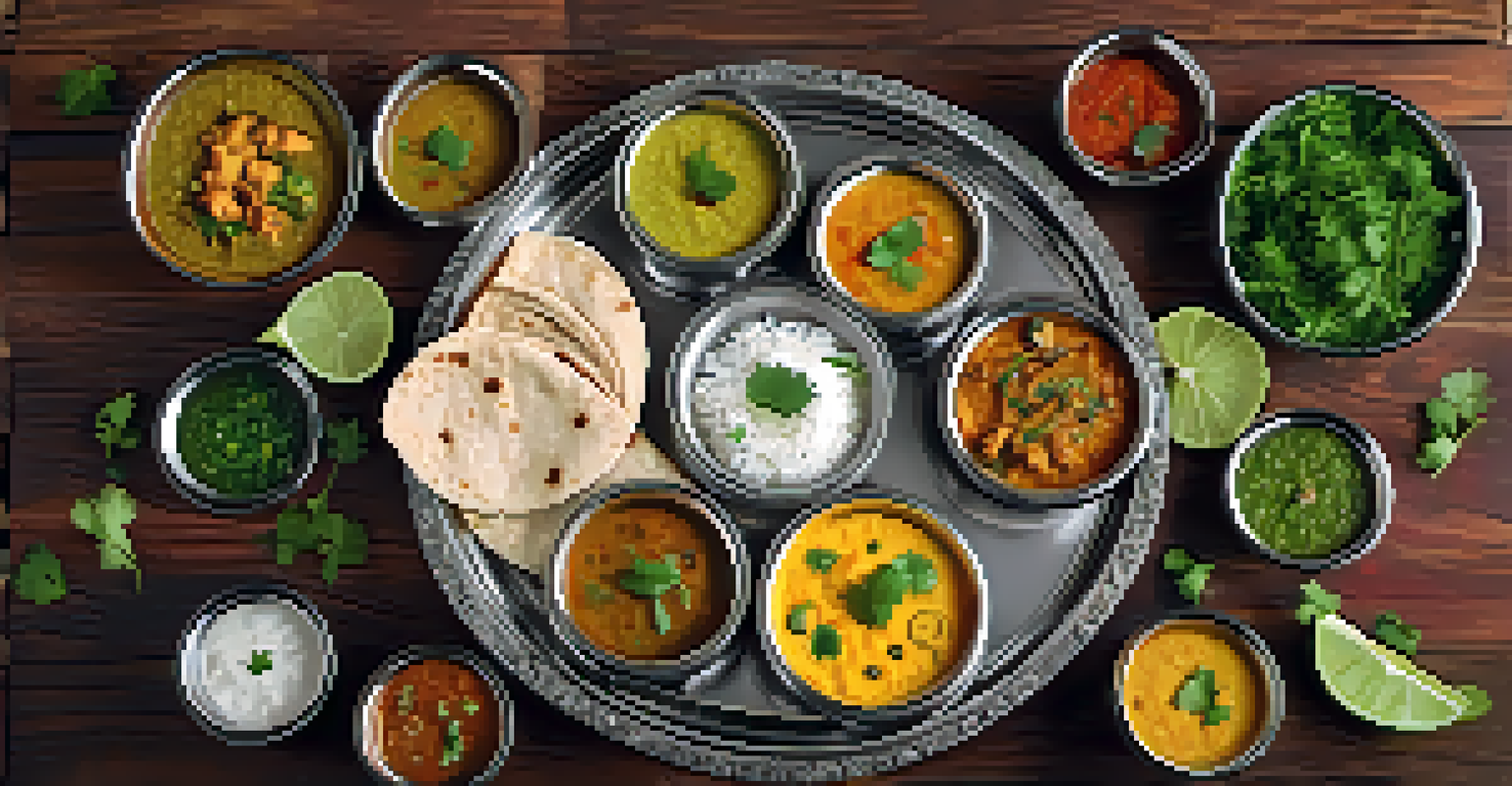 An overhead view of an Indian thali, showcasing a variety of colorful dishes served on a decorative platter.