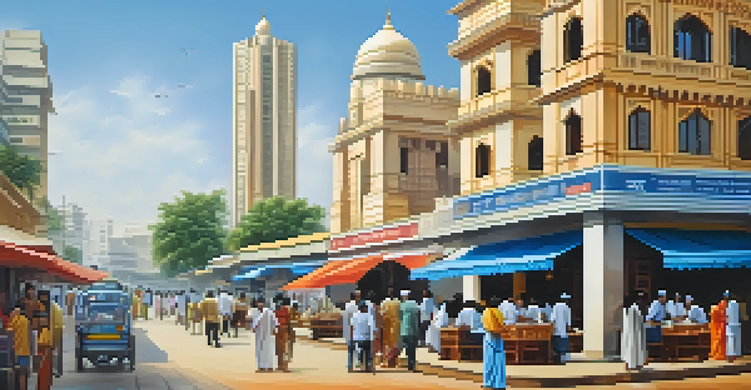 A dynamic cityscape of HITEC City in Hyderabad showcasing modern skyscrapers alongside traditional tea stalls.