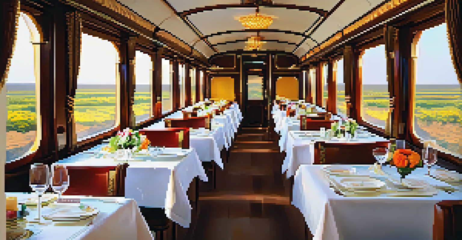 An elegant dining car with tables set for a meal, passengers enjoying their dining experience with scenic views outside.