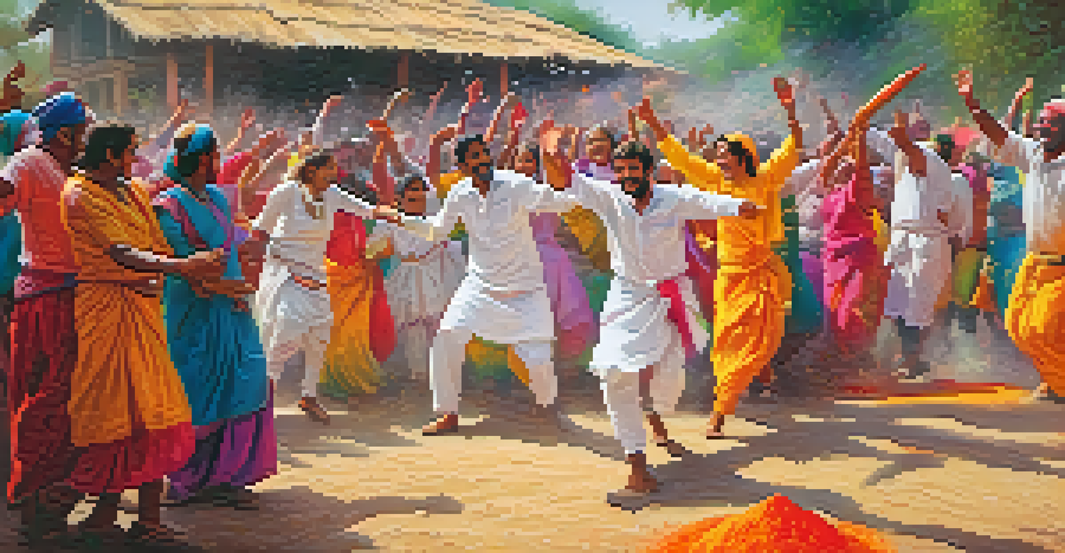A joyful Holi celebration in a rural village, with people throwing colorful powders and enjoying the festival together.