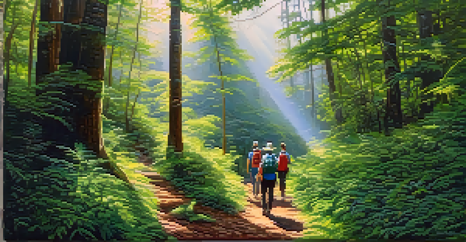 Tourists hiking through a lush forest with local guides, surrounded by trees and sunlight filtering through the leaves.