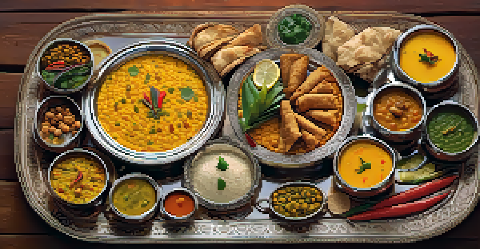 A traditional Rajasthani thali featuring various dishes like dal and sabzi, beautifully arranged on a wooden table with warm lighting.