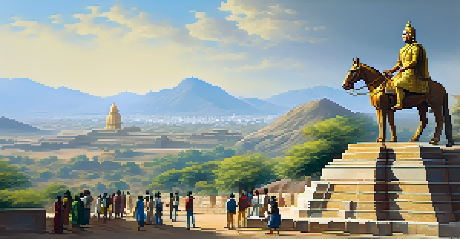 The Haldighati battlefield featuring yellow soil, mountains in the background, and a statue of Maharana Pratap.