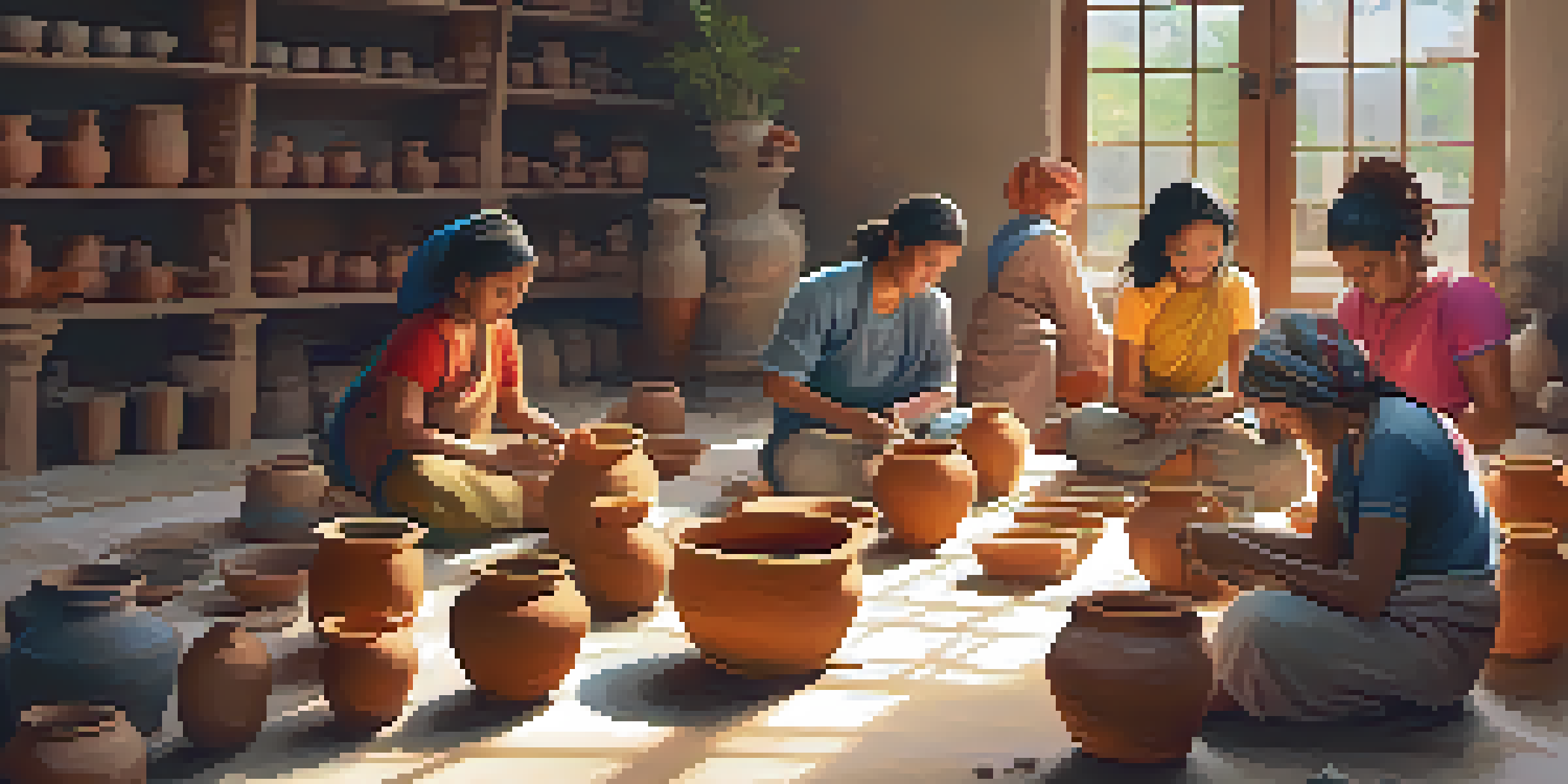 A lively workshop where diverse participants are engaged in pottery making, surrounded by colorful clay and tools, with sunlight streaming through the windows.