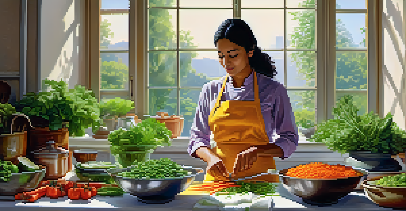 A South Asian female chef in a bright kitchen preparing a modern vegetarian dish with fresh vegetables and herbs.