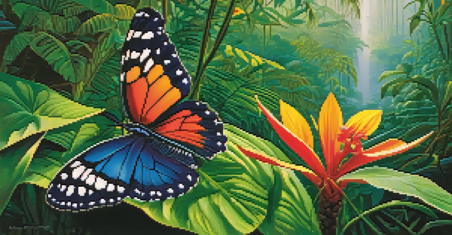 A serene early morning view of the Amazon Rainforest with sunlight filtering through the trees, showcasing vibrant foliage and a butterfly.