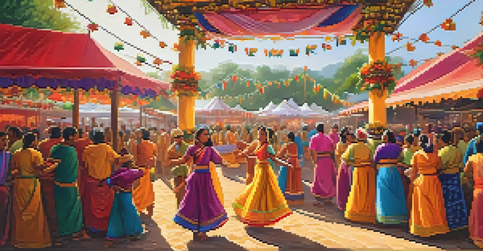 A lively local festival with people in traditional clothing dancing, vibrant decorations, and artisans showcasing crafts under warm sunlight.