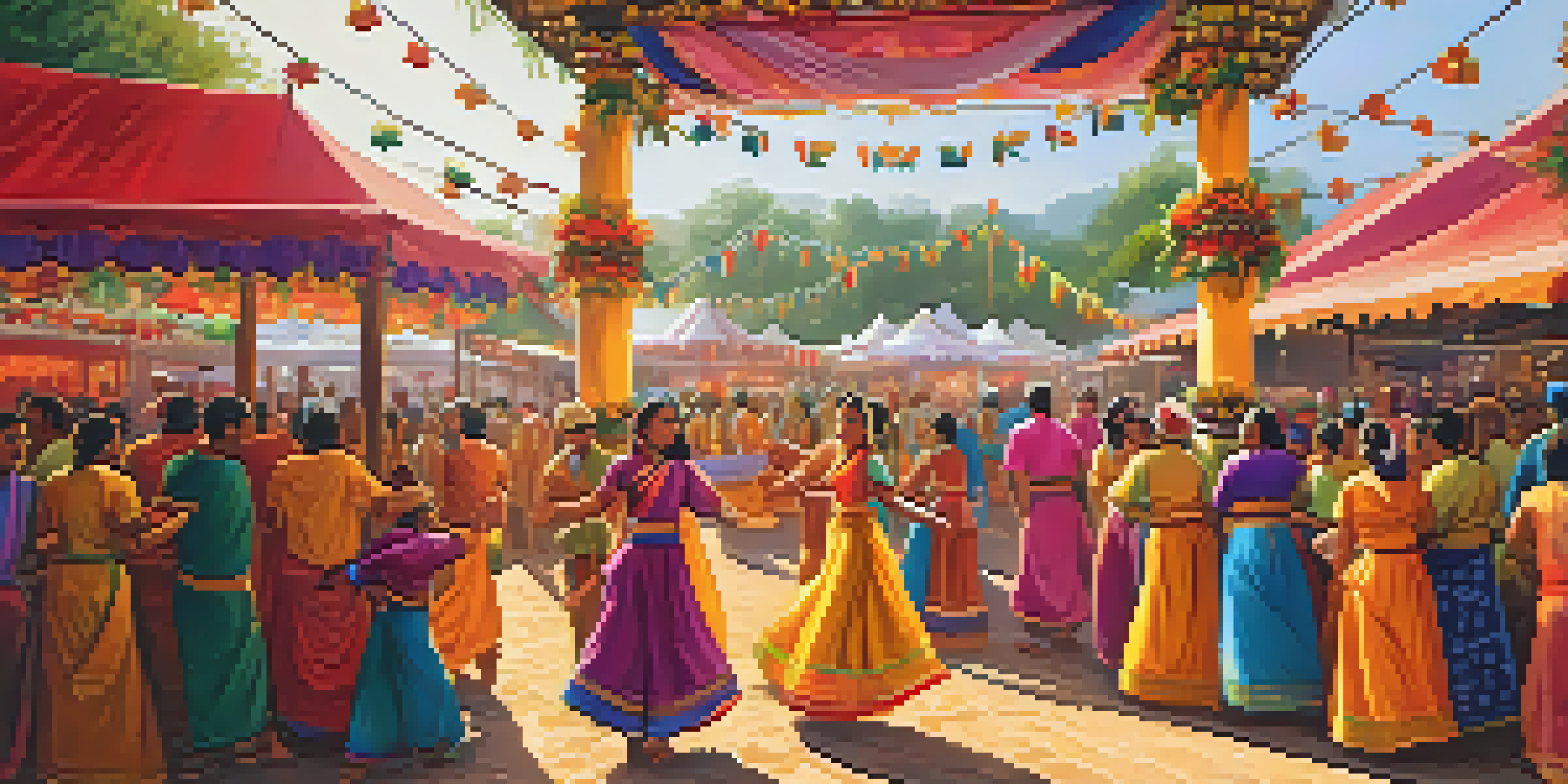 A lively local festival with people in traditional clothing dancing, vibrant decorations, and artisans showcasing crafts under warm sunlight.