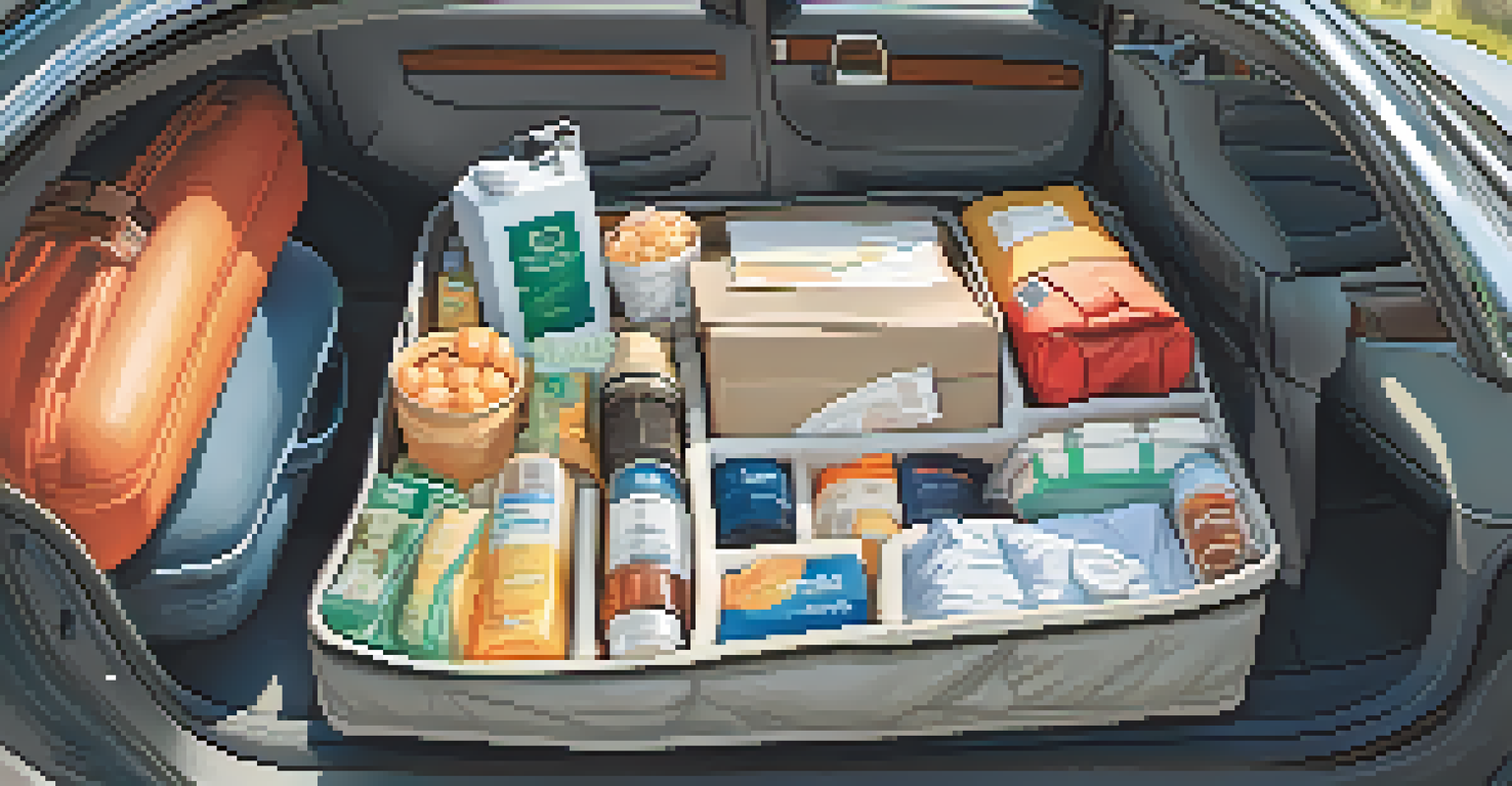 A well-packed car interior featuring travel essentials like a pillow, snacks, and a camera.