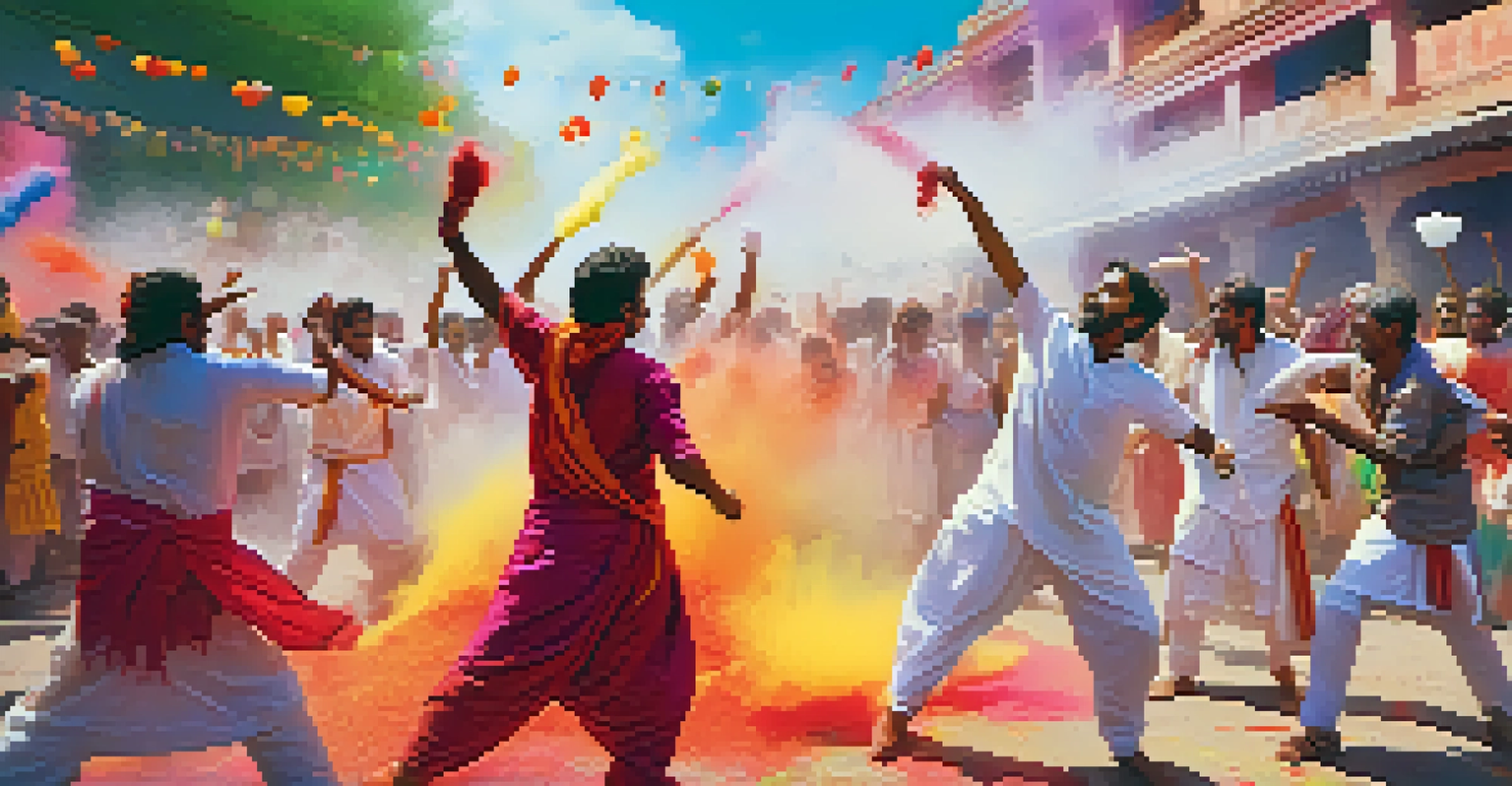 People celebrating Holi by throwing colorful powders in a lively street, surrounded by joyful music and decorations.