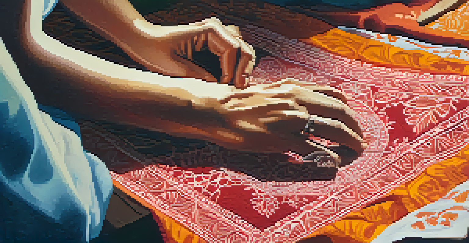 A close-up of an instructor demonstrating block printing on fabric, showcasing vibrant inks and intricate patterns.