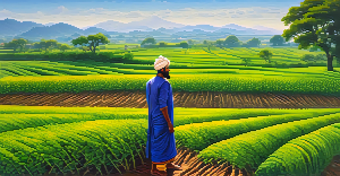 An Indian farmer in traditional attire tending to fields with alternating crops under a bright blue sky.