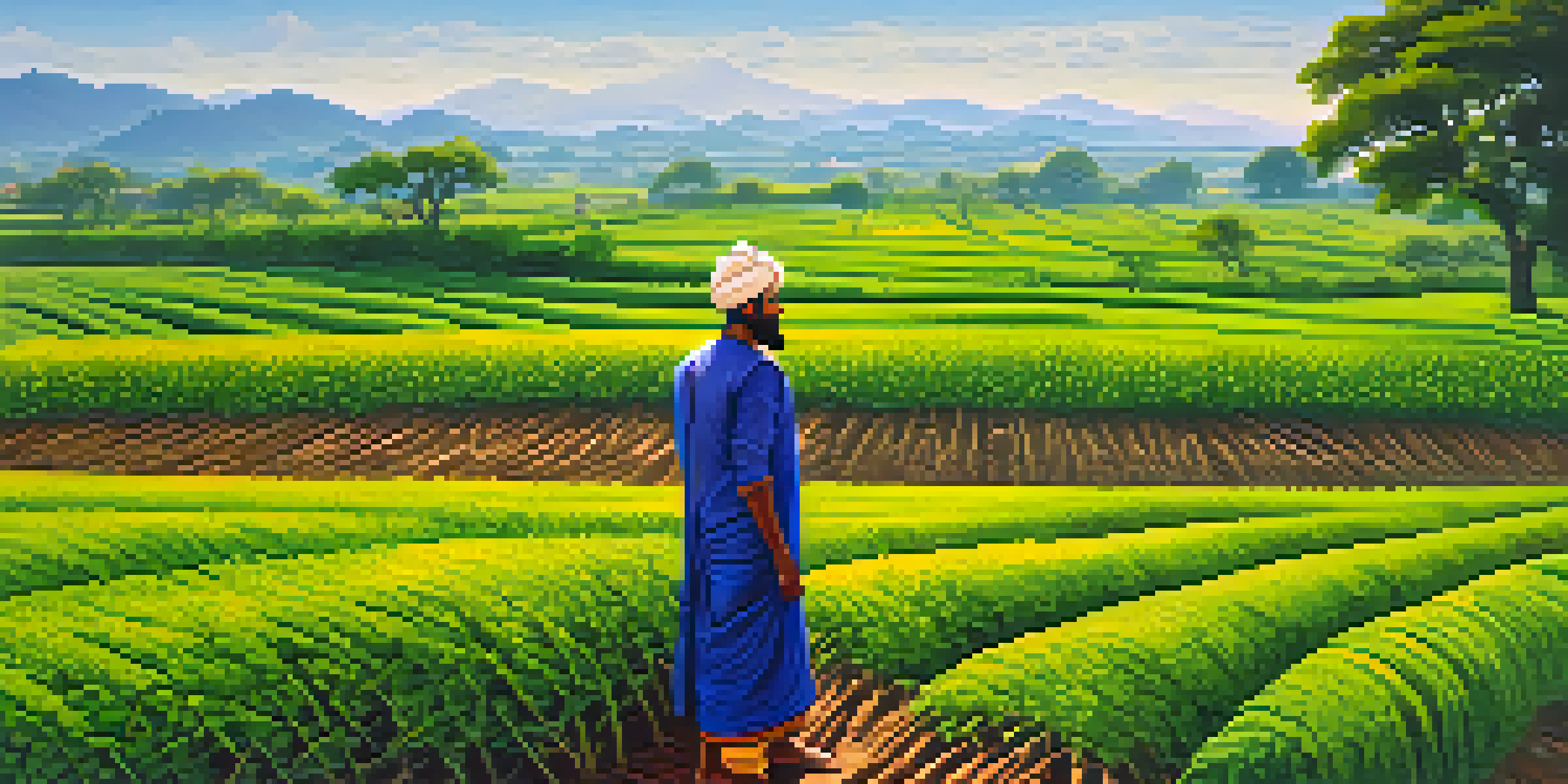 An Indian farmer in traditional attire tending to fields with alternating crops under a bright blue sky.