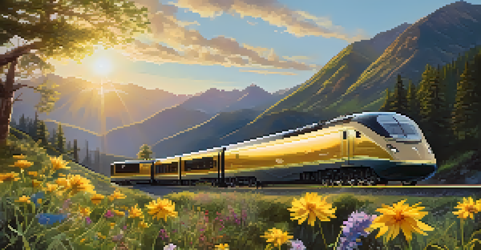 A luxury train moving through beautiful mountainous scenery, with flowers in the foreground and sunlight illuminating the train.