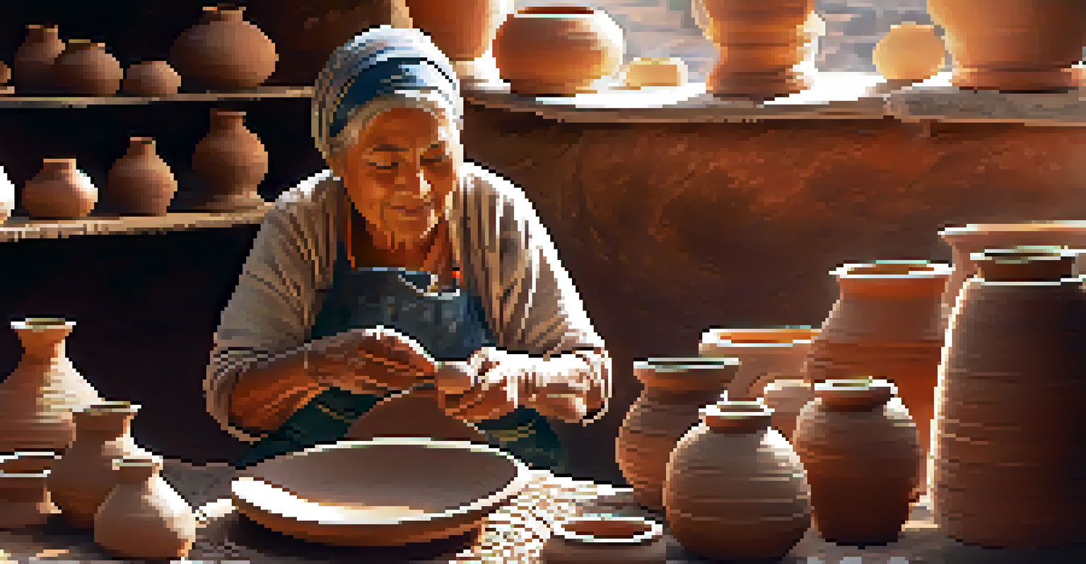 An elderly woman shaping clay on a pottery wheel in a sunlit market stall, surrounded by beautifully crafted pottery.