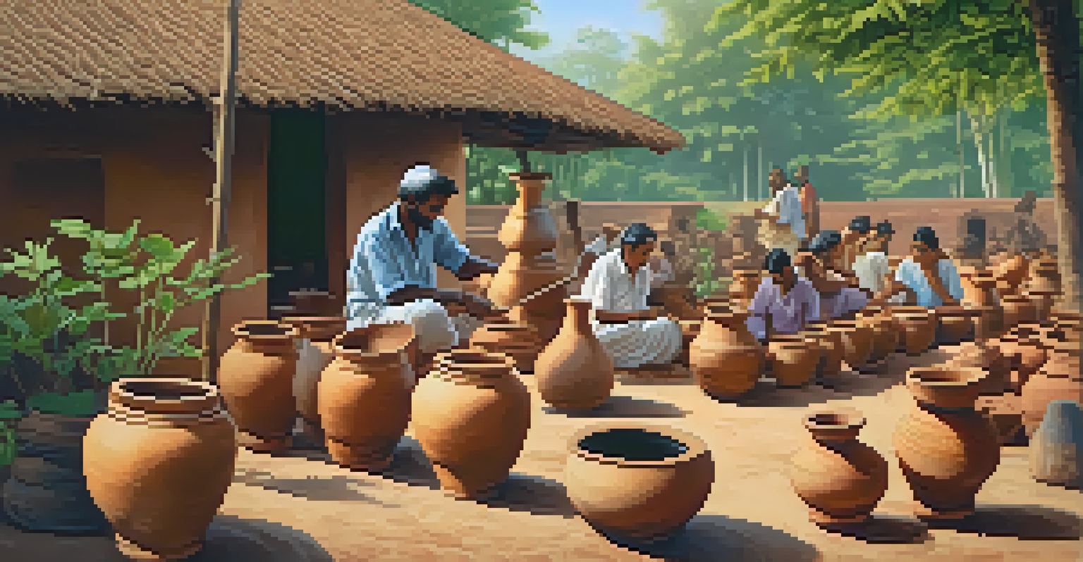 Artisans shaping clay pots in an outdoor pottery workshop in Kerala, surrounded by lush greenery and finished pottery.